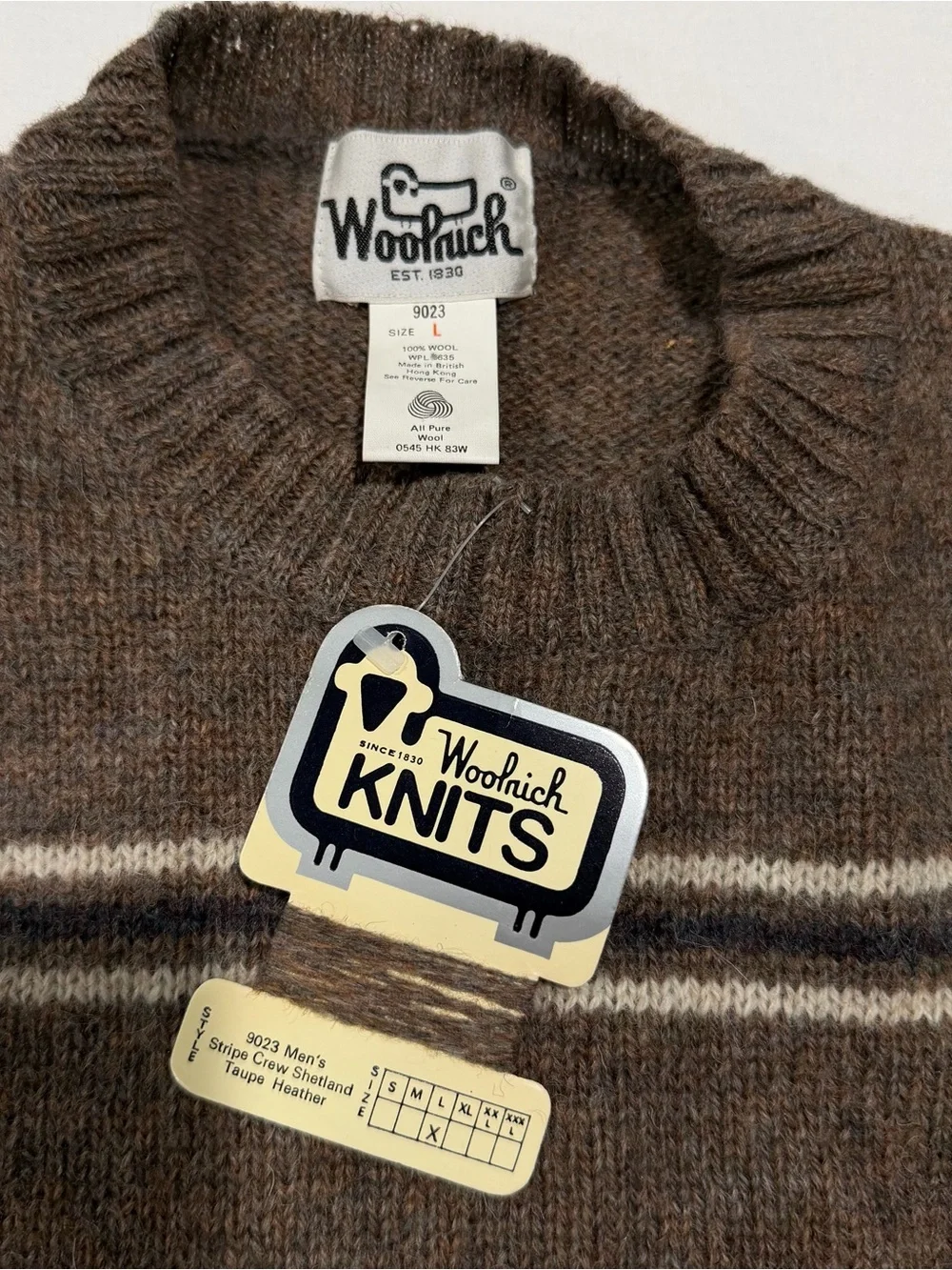 Rare NWT Vintage 1980s Woolrich 100% Shetland Wool Sweater Mens L Taupe Stripe